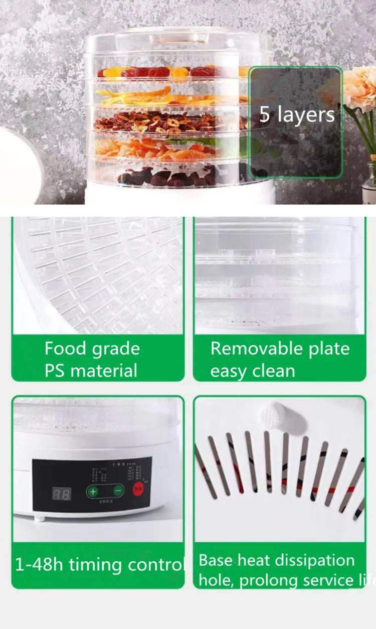 MINI Digital Food Dehydrator Vegetables Fruit Dryer Household Meat Drying Machine With 5 Trays 220V