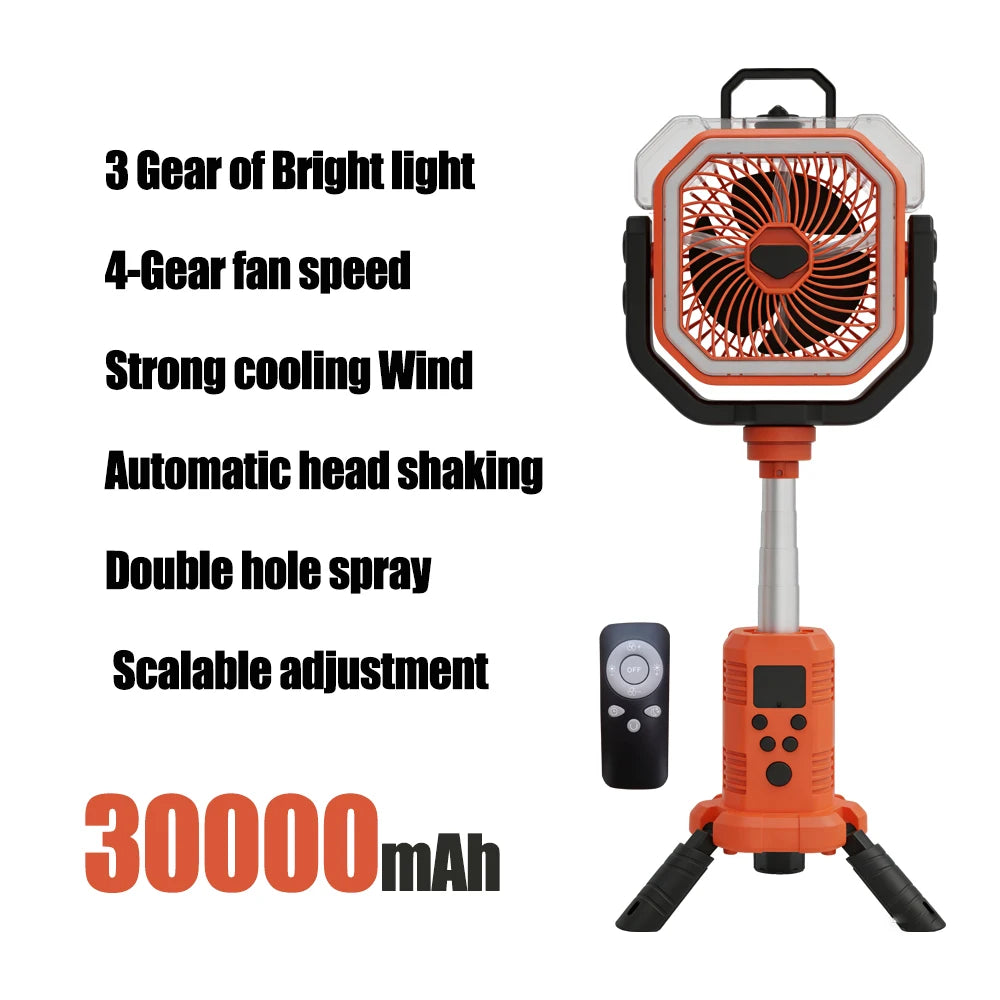 50000mAh Outdoor Camping Fan with Remote Contral 4Gears Wind Speed Up to 100 Hours Runtime Handle Portable Cooling Electric Fan