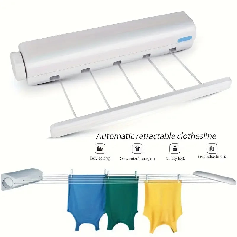 Retractable Clothes Drying Rope 3.75m Clothesline 5 Wires Wall Mounted Shrinkable Plastic Laundry Hanger Indoor Drying Rack