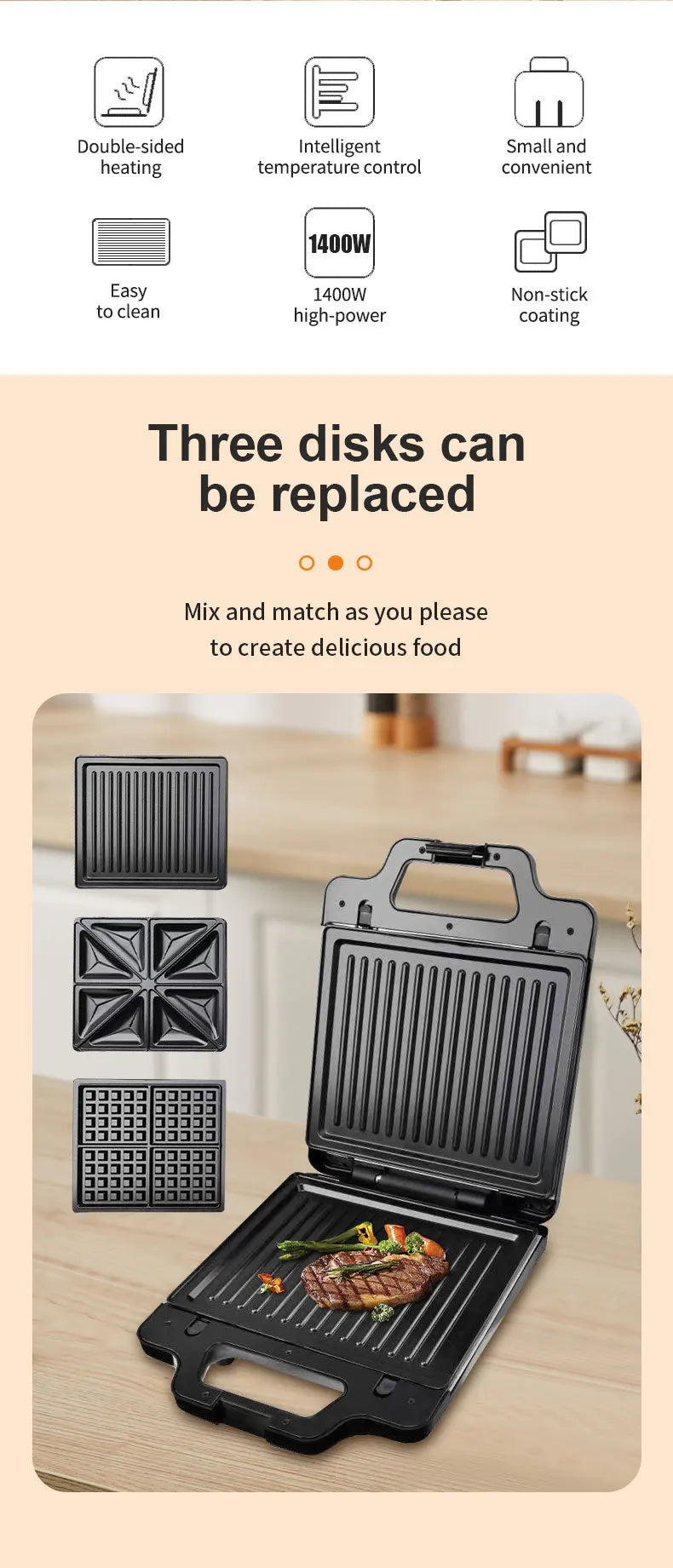 Interchangeable plate sandwich machine three-in-one high-power stainless steel breakfast machine toast steak waffle maker