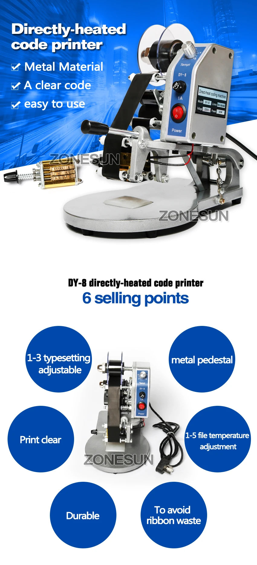 ZONESUN ZS-DY8 Manual Date Code Printer – Batch Number, Expiry & Production Date Coding Machine with A-Z Characters Ribbon