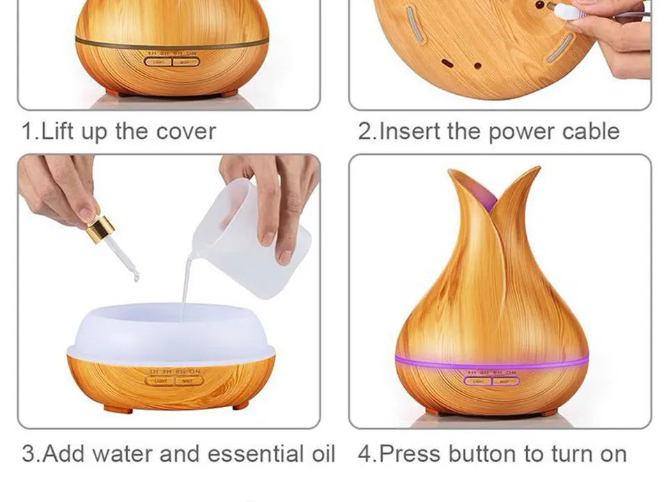 Electric Air Humidifier Remote Control Diffuser Aroma Humidifier Oil Diffuser Ultrasonic Wood Grain Mist Maker 7Color LED Light