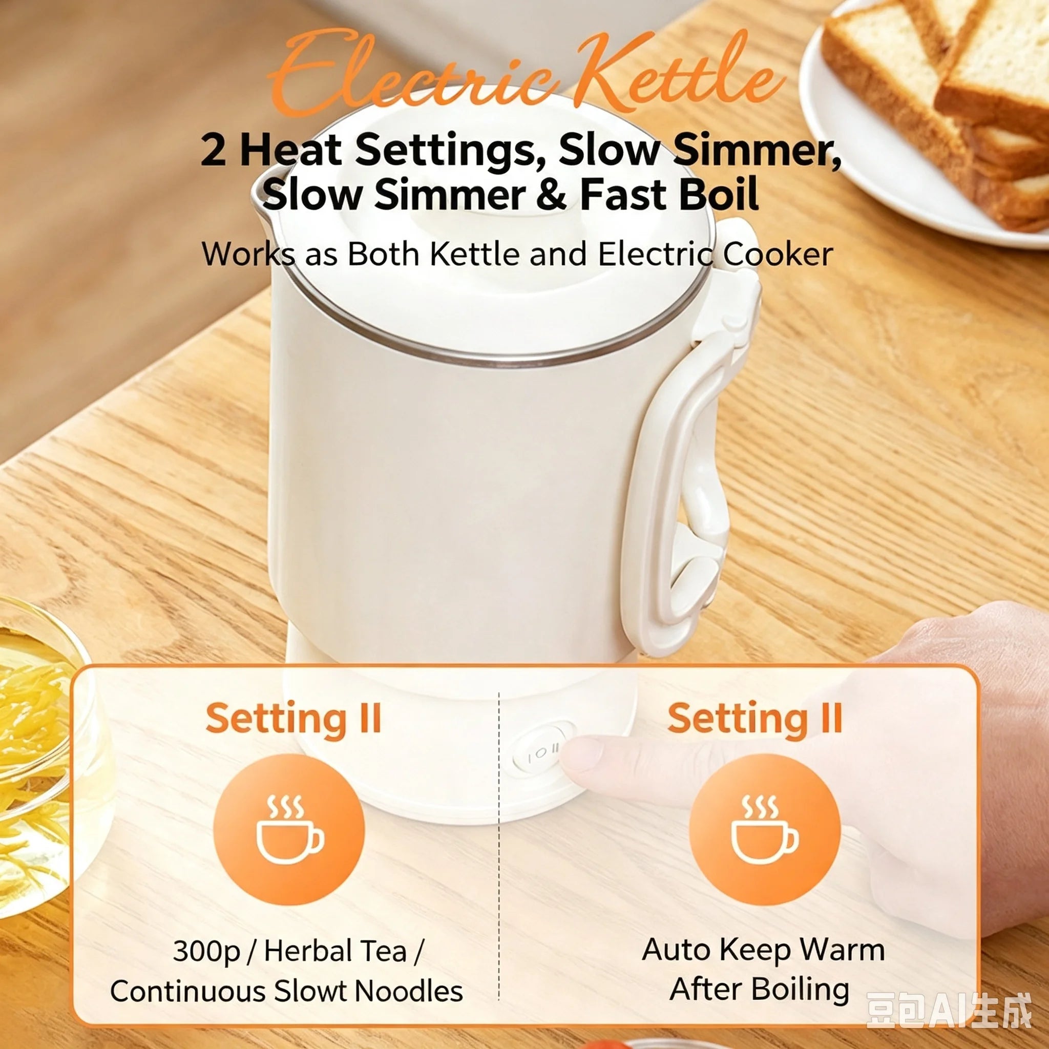 Portable Foldable Electric Kettle, Double Layer Anti-scald Water Boiler, 2 Heat Settings Quiet Mini Travel Heating Pot for Boili