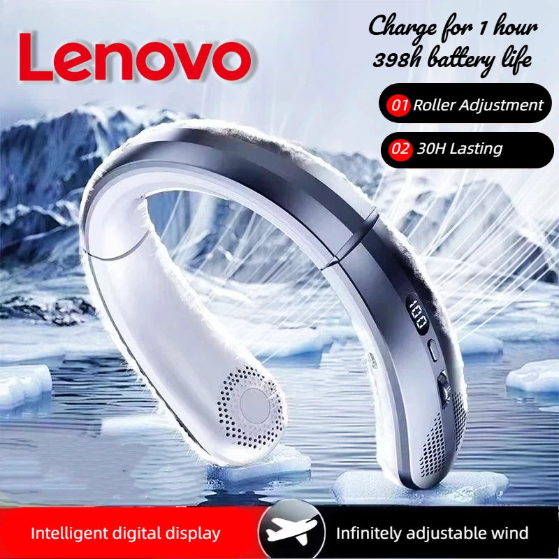 Lenovo Hanging Neck Fan 8000mAh Portable Bladeless USB Rechargeable Mute LED Digital Display Electric Air Cooler USB Handheld