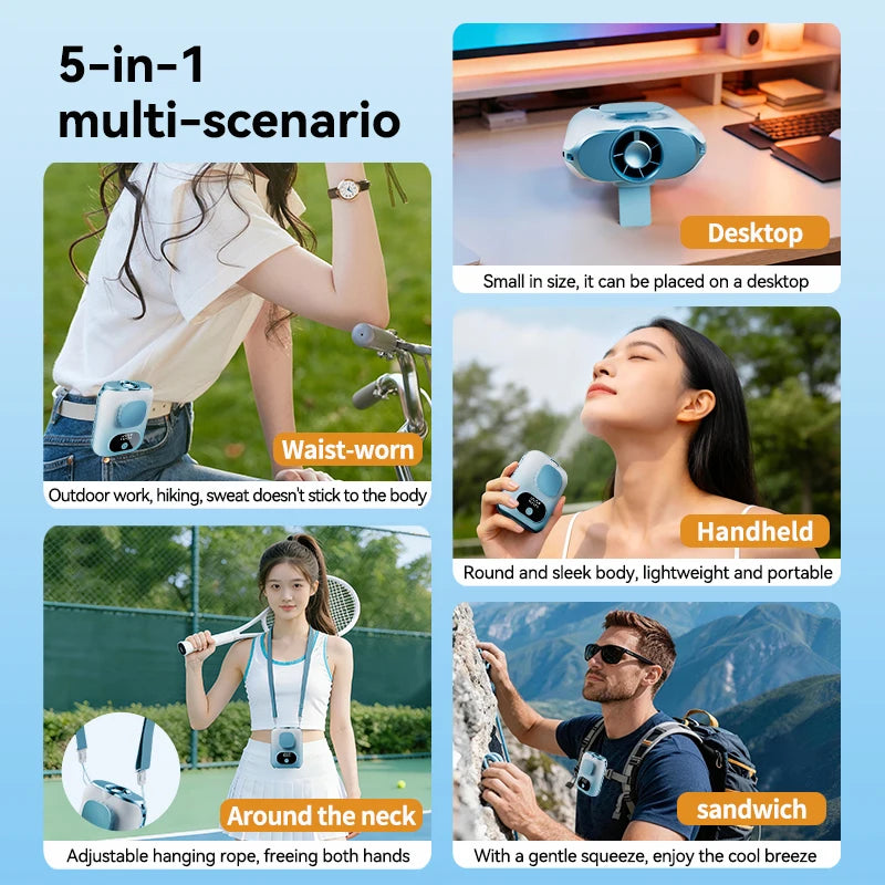 3CM Thin Tiny Portable Waist Fan 6000mAh Clip On Personal Neck Fan LED 12H Working 5 Speeds 40000RPM Strong Airflow with Lanyard