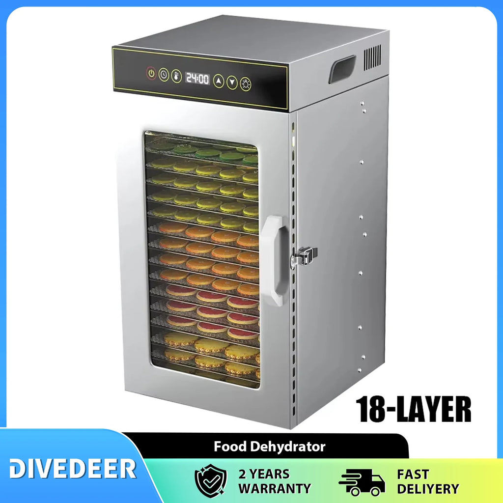 DIVEDEER 6-18 Layer Stainless Steel Food Dehydrator with Adjustable Temperature Control (30~90°C) for Fruits Vegetables Meat