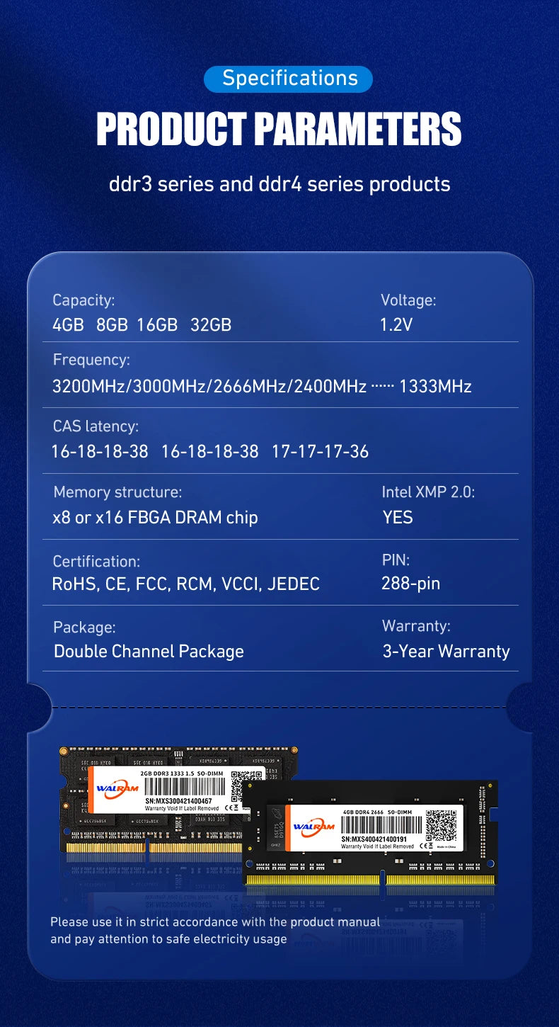 WALRAM Ram Memory DDR4 DDR3 4GB 8GB 16G laptop Memoria Ram 1600 1333 1866 MHz Ram DDR3L 2133 2400 2666MHz ddr4 Notebook Memory