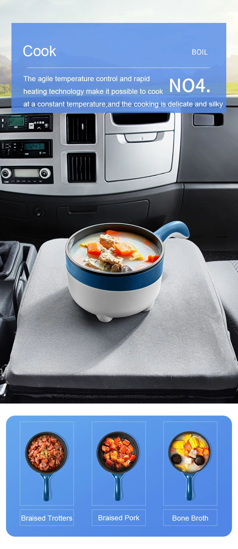 2L Portable Car Electric Hot Pot,12V/24V Multifunction Double‑Layer Cooking Pan, Travel Soup Rice Cooker Steamer for Car & Truck