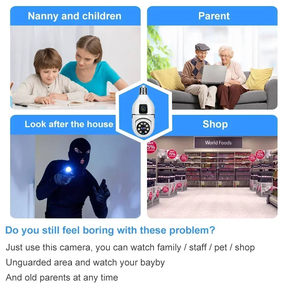 E27 Bulb Surveillance Security Camera 8MP HD Night Vision 2 screen 2 lens Camera Indoor Motion Detection 8X Zoom WiFi Camera 5MP