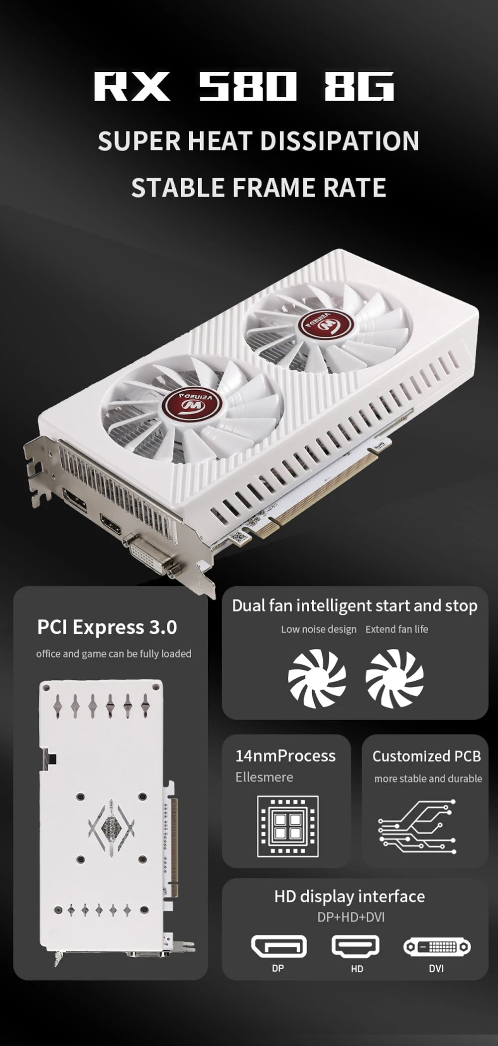 Veineda Graphics Cards RX580 8GB DDR5 GPU rx 580 8GB PC Gaming Video Card Desktop Game Video Card for AMD Radeon
