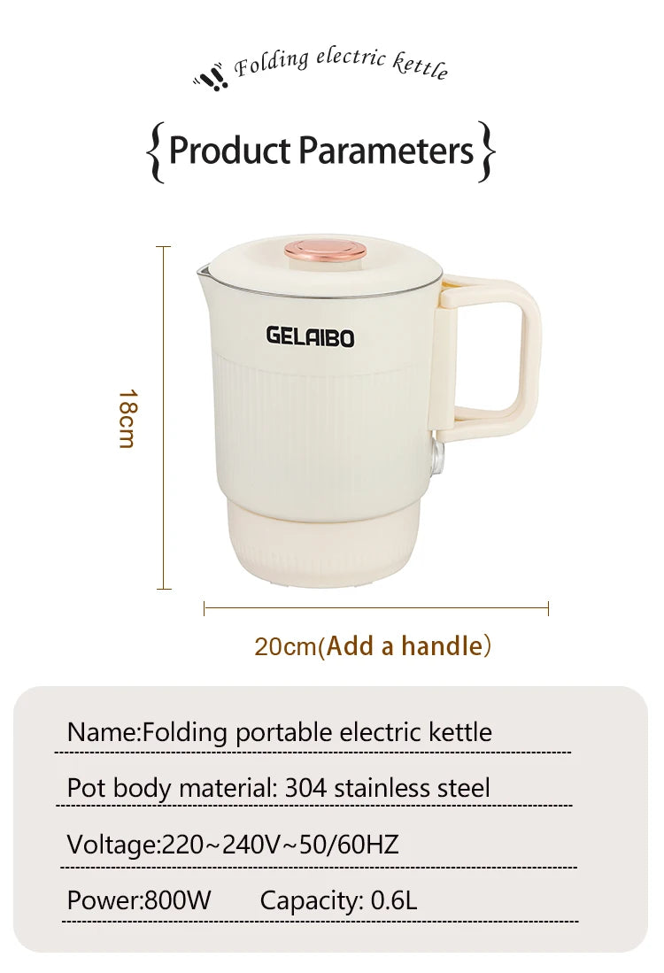 GELAIBO Electric Kettle Folding Kettle Travel Portable Kettle 304 Stainless Steel Electric Kettle Double-Layer Anti-Multifunctio
