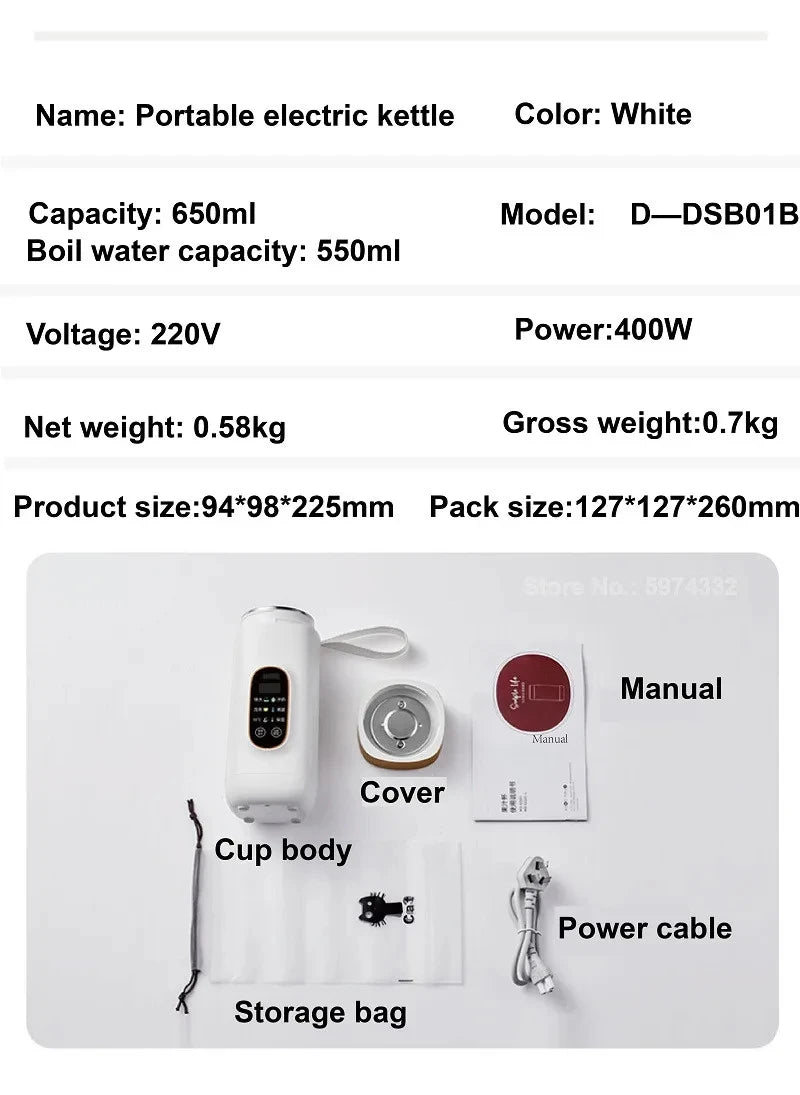 650ml Electric Kettle Portable Travel Boiled Water Pot Heating Cup Office Temperature Control Teapot Auto Keep Warm Cup 400W