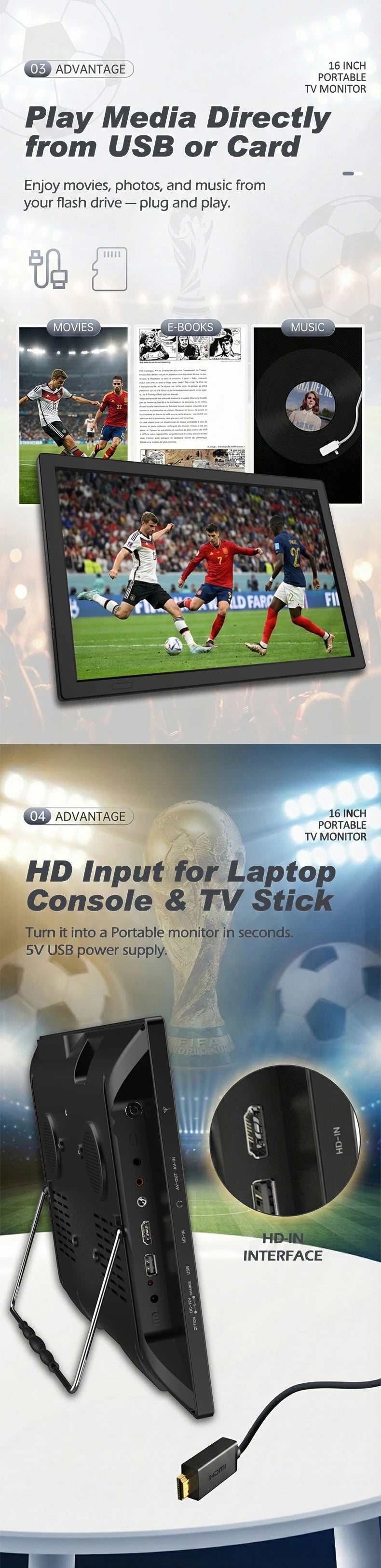 15.4" Portable Android Smart TV FHD LED LCD Digital Television with Built-in Battery DC 12V for Caravan Car Outdoor Camping