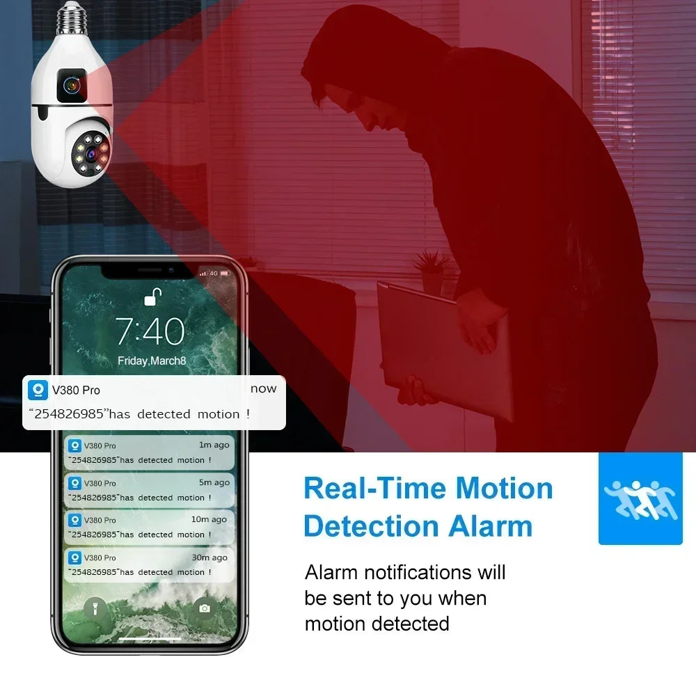 E27 Bulb Surveillance Security Camera 8MP HD Night Vision 2 screen 2 lens Camera Indoor Motion Detection 8X Zoom WiFi Camera 5MP