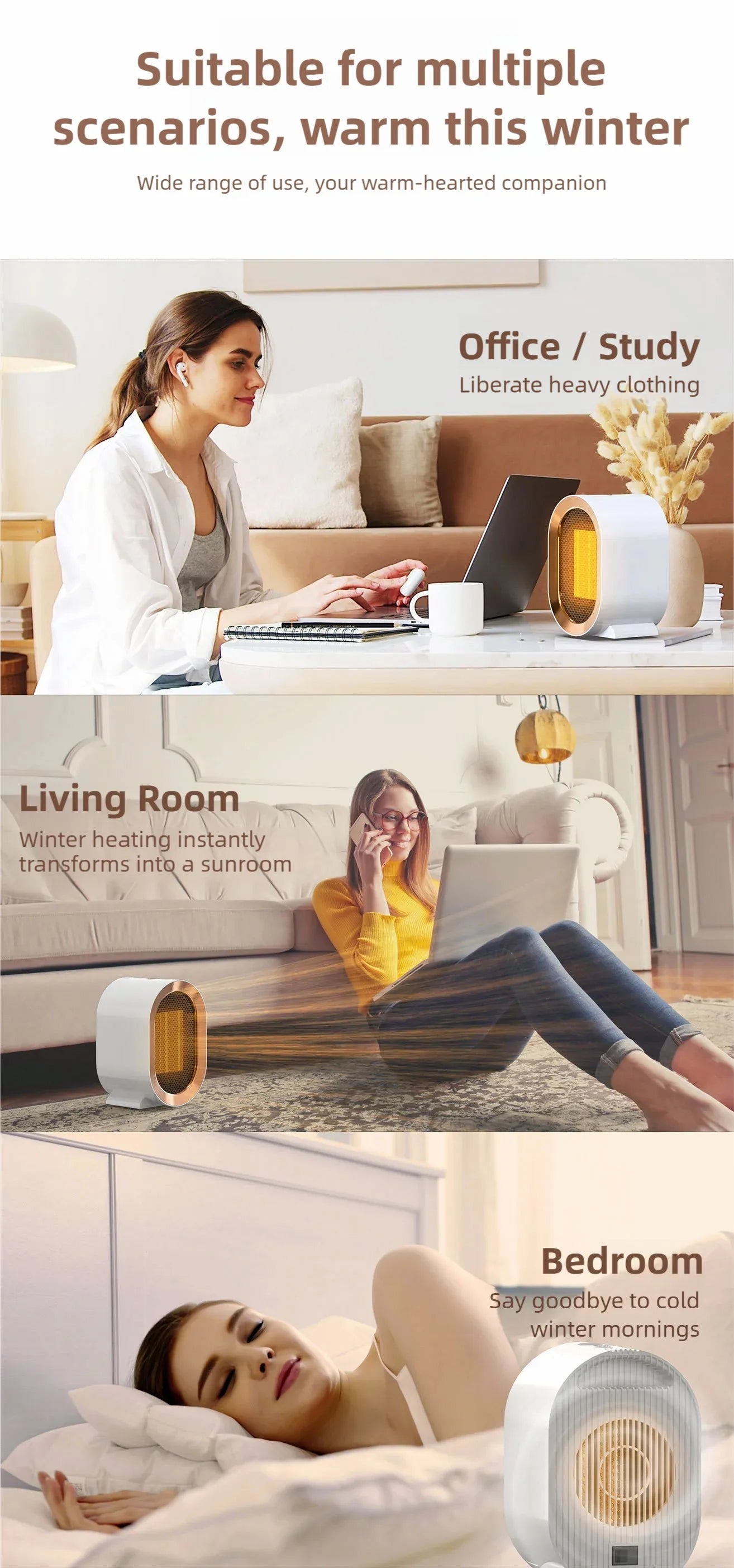 2025 New1200W Portable Electric Heater Mini Desktop Fan Heater Smart Warm Air Machine Home Bedroom Office Winter Heater