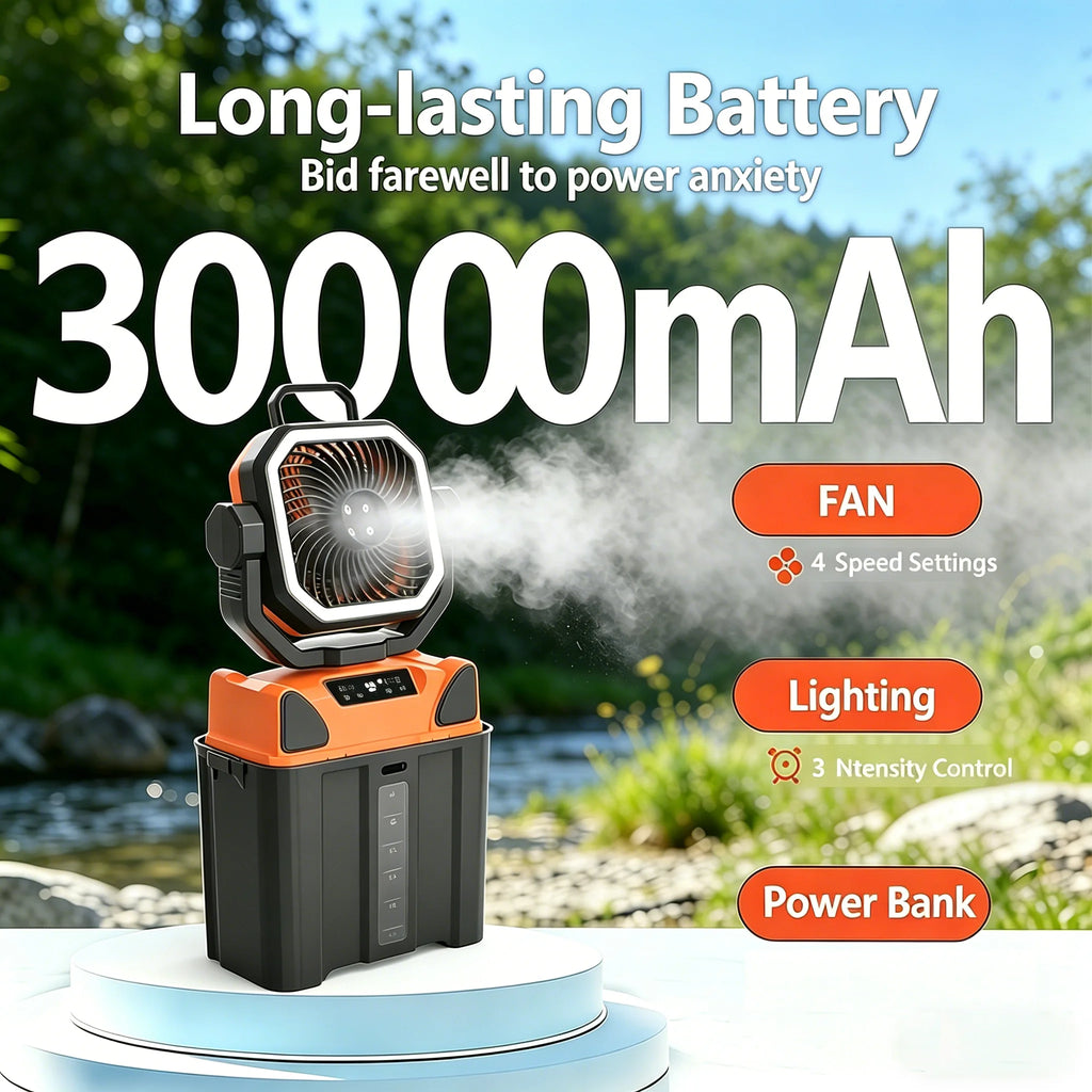 50000mAh Outdoor Camping Fan with Remote Contral 4Gears Wind Speed Up to 100 Hours Runtime Handle Portable Cooling Electric Fan