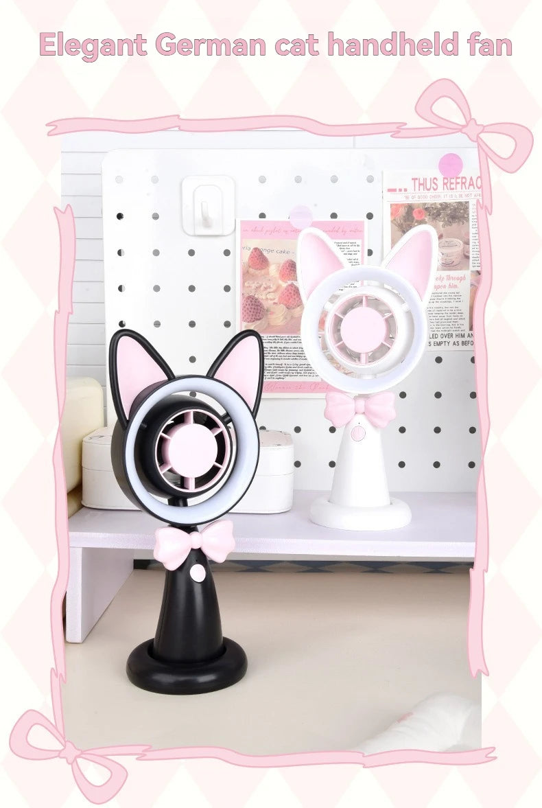 New Cat-Shaped Handheld Fan with Strong Wind, USB Charging, Suitable for Student Dormitories, Desktop Small Fan with Light