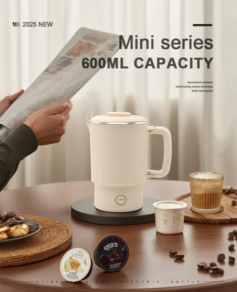 600ML Mini Portable Electric Kettle, Food-Grade Stainless Steel, Travel Foldable Boiling Pot & Noodle Pot