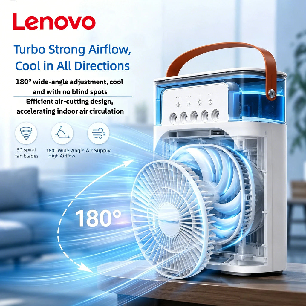 Lenovo 5 Holes Air Conditioner Fan USB Air Cooler Humidifier Water Portable Mist Spray LED Night Light Desktop Cooling Fan 2026