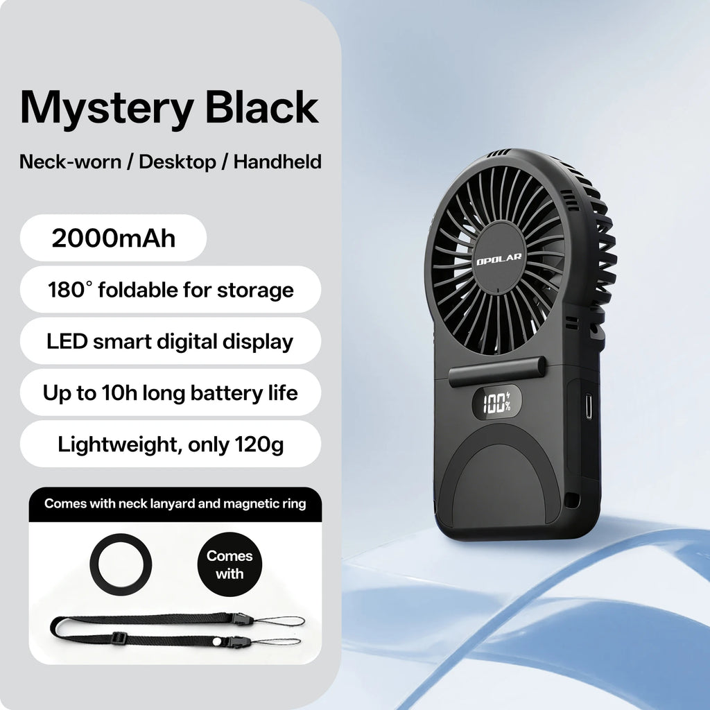 OPOLAR Portable Handheld Mini Fan Foldable Neck Hanging Fans 5 Speed USB Rechargeable Fan,LED Display Handheld & Desk Fan 2000mA