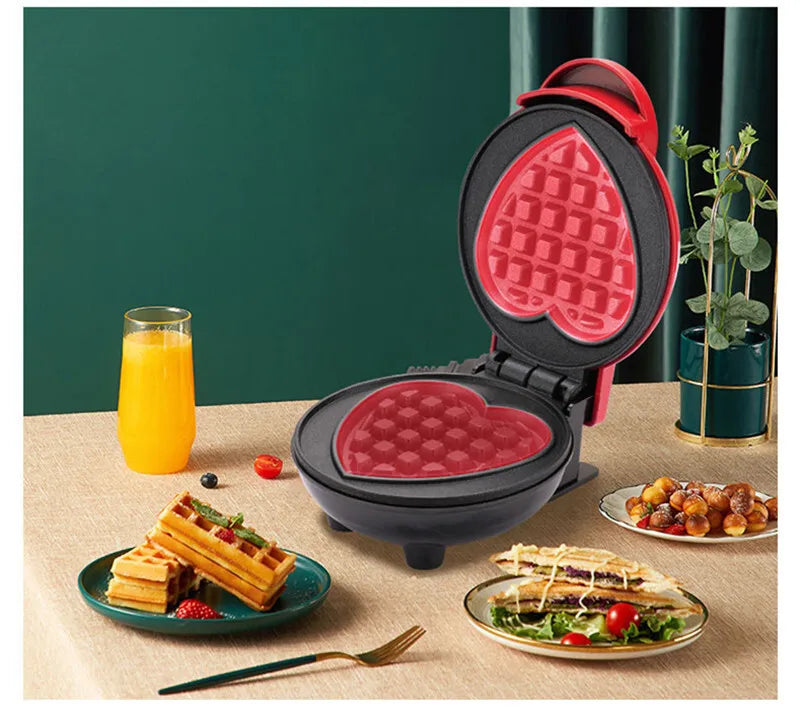 110V Heart Waffle Maker Mini Cake Maker Double-Sided Heating Doughnut Portable Breakfast Machine Breakfast Mold Kitchen Supplies
