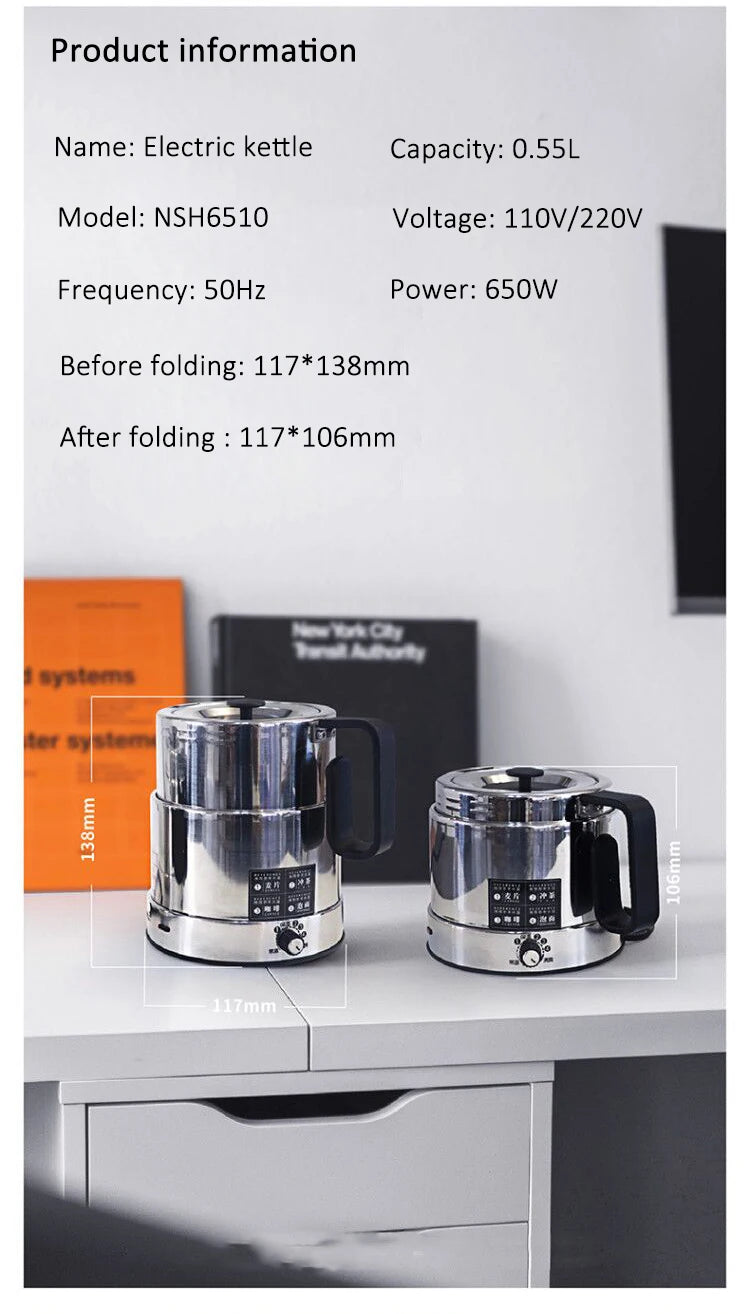 110V/220V Folding Electric Kettle Switchable Voltage Kettle Travel Portable Pot 304 Stainless Steel Adjustable Temperature Pot