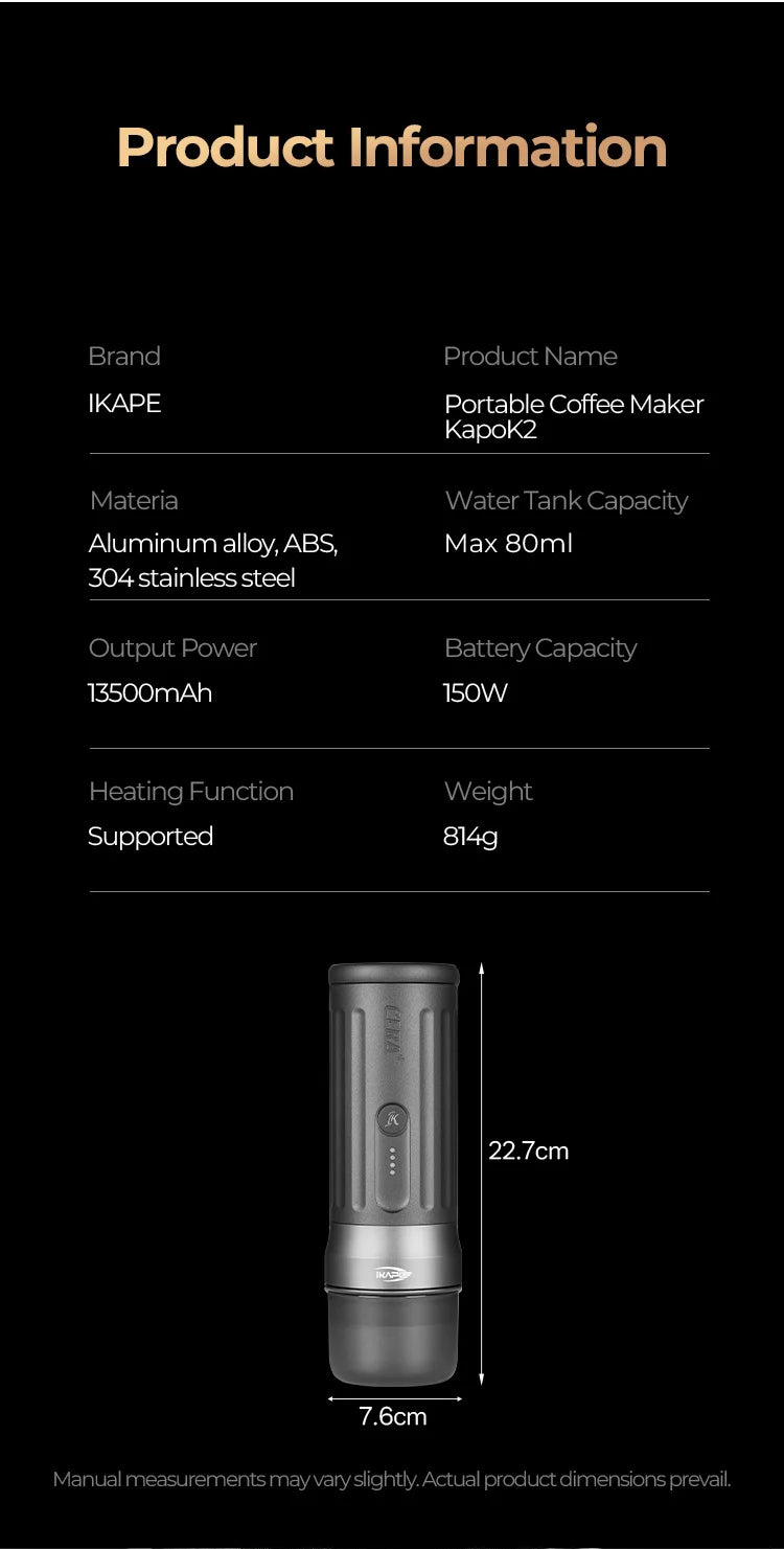 IKAPE Kapo K2 Portable Coffee Machine/Bluetooth Connection/Timer Function,51/58mm Espresso Bottomless Portafilter,Camping/Home
