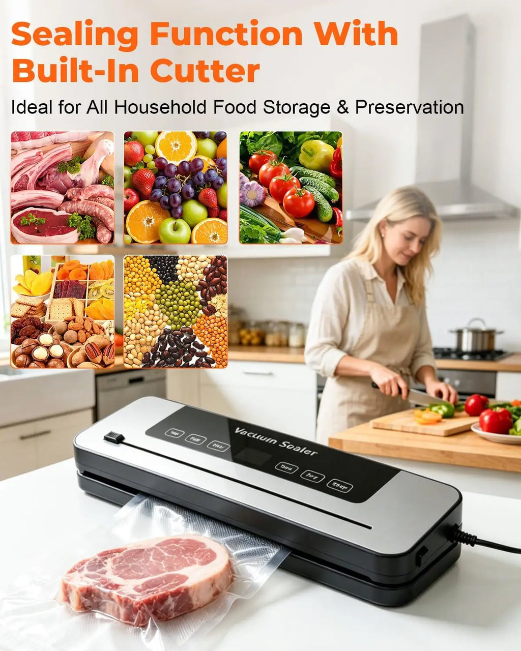 Vacuum Sealer Machine 139KPa Strong Suction Dry Moist Mode Automatic Food Sealer with Digital Timer, Built-in Cutter