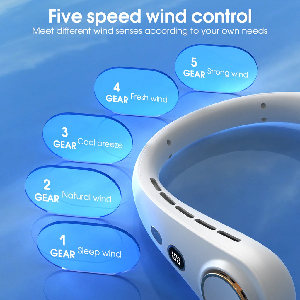 1500mAh 5 Speeds Bladeless Neck Fan Hands Free Portable Rechargeable Cooling Strong Airflow Ultra Quiet for Travel Outdoor