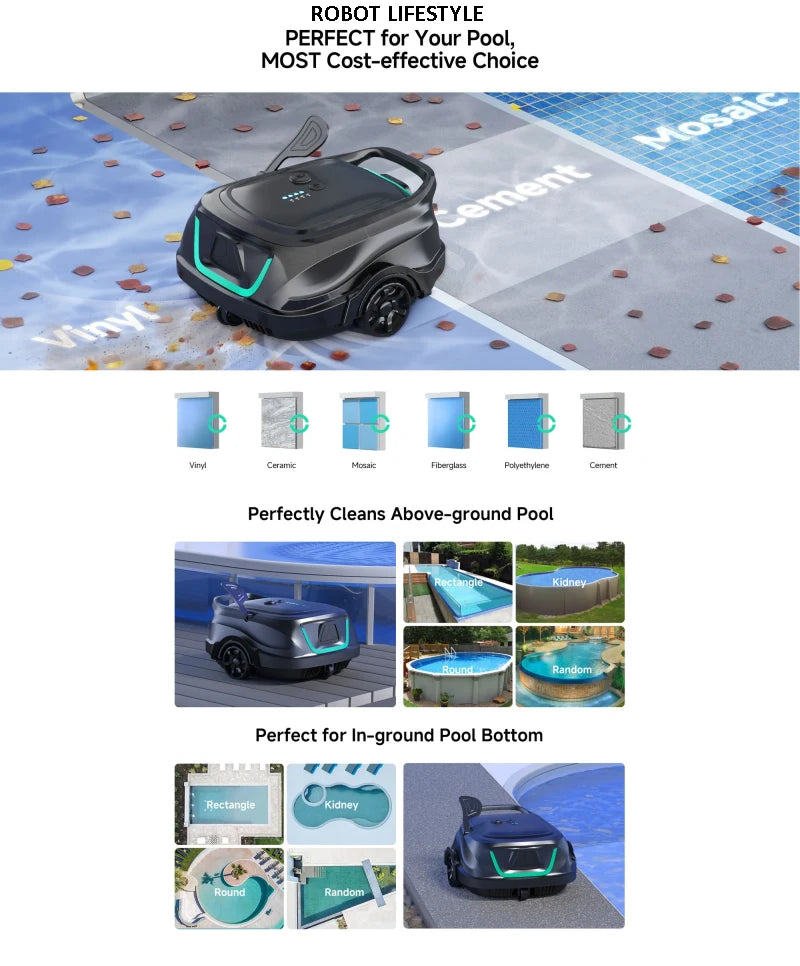 Swimming Pools Vacuum Cleaner Wireless for Floor Smart Cleaning Robot Auto-Parking Dual-layer Filtration120mins Running Time