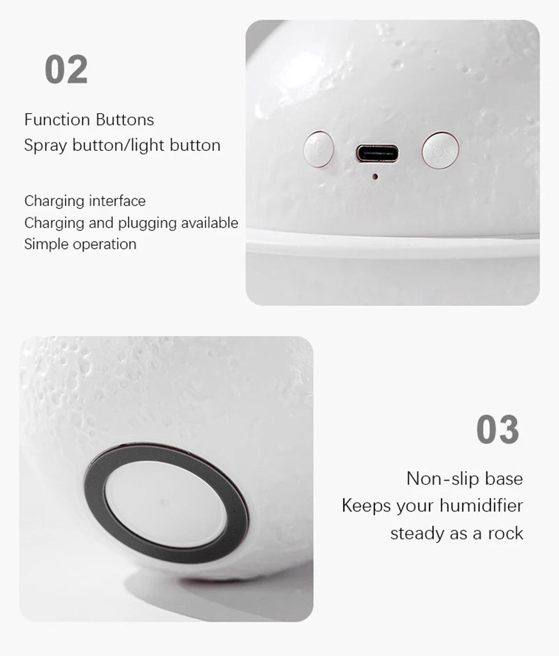 Moon Air Diffuser 880ML Aroma Spreader Ultrasonic Portable Air Humidifier USB Air Shooter Full Moon Light Night Home Decor