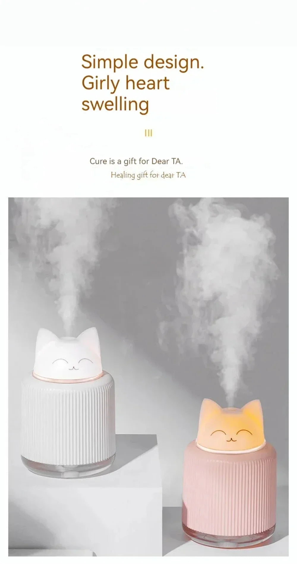 Mini Humidifier-Cute Cat Mist Humidifier for Kids Bedroom Small Ultrasonic humidifier for Home Car Office with USB 2 LED Colors