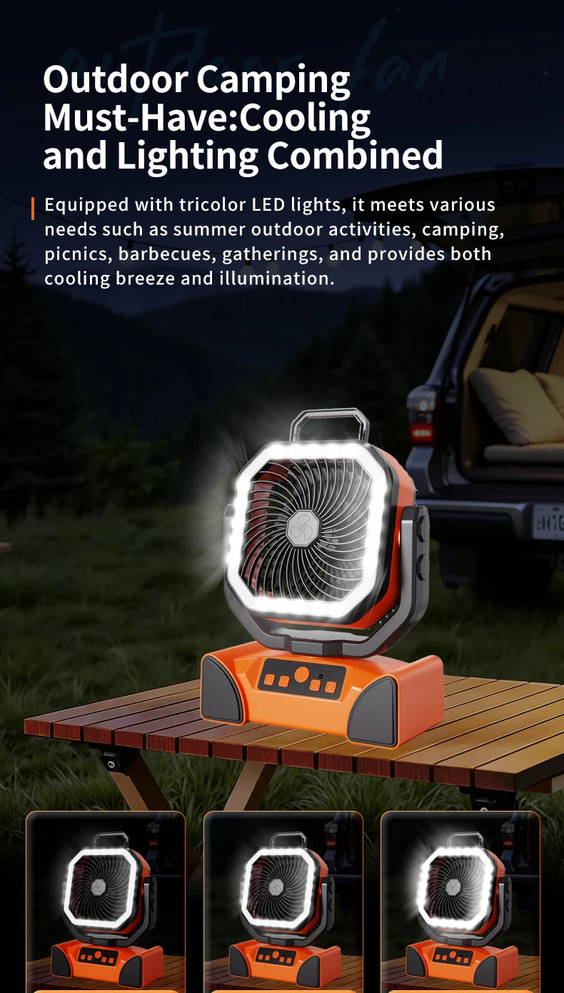 50000mAh Outdoor Camping Fan with Remote Contral 4Gears Wind Speed Up to 100 Hours Runtime Handle Portable Cooling Electric Fan