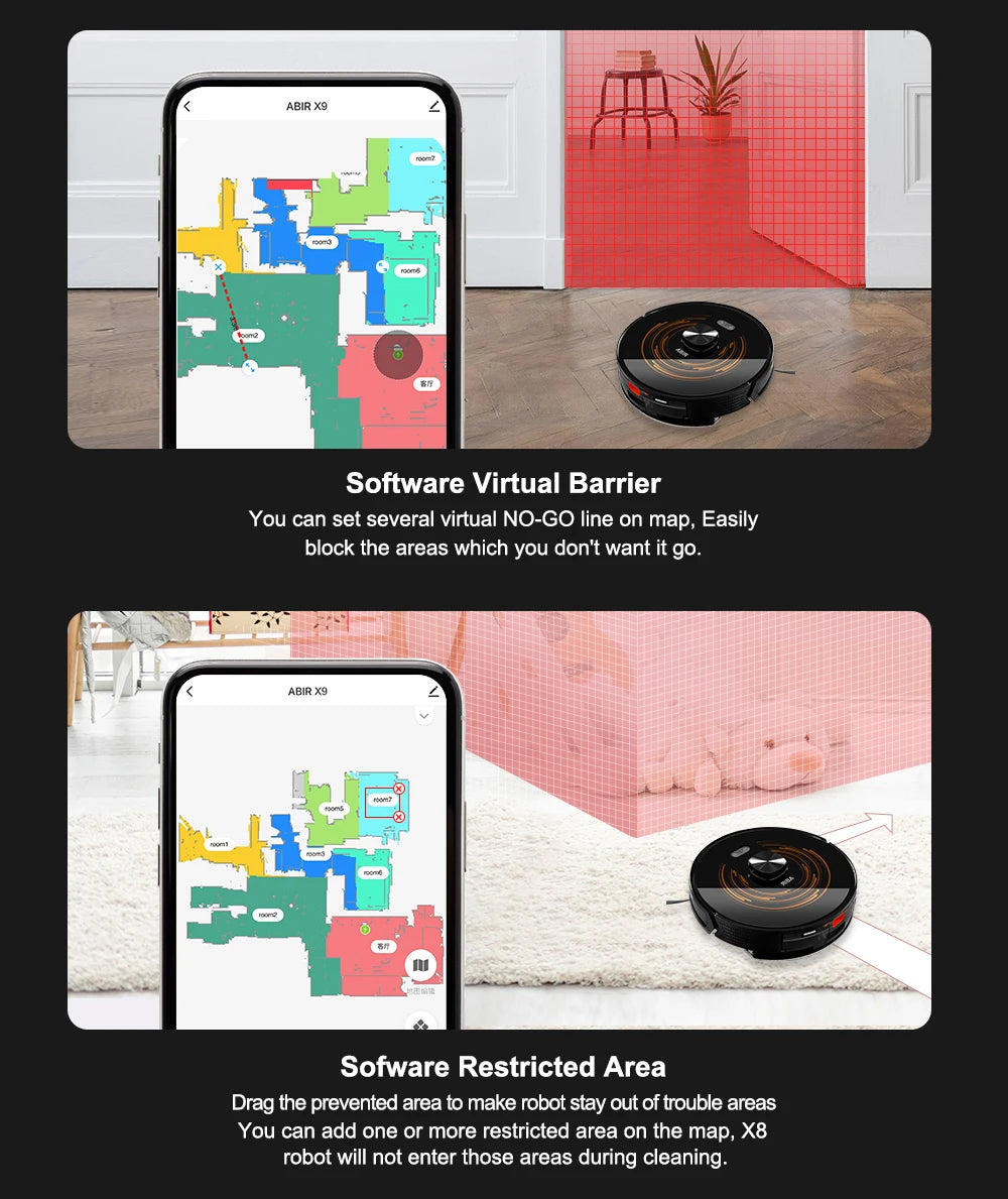 Robot Vacuum Cleaner ABIR X9,Laser Lidar,6500pa Suction,Multi-Floor Map,Dual UV Cleaing,APP Restricted Area,Smart Home Mop