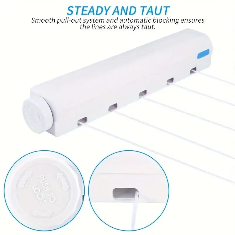 Retractable Clothes Drying Rope 3.75m Clothesline 5 Wires Wall Mounted Shrinkable Plastic Laundry Hanger Indoor Drying Rack