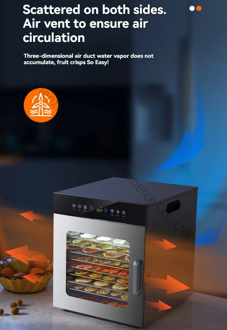Compact household food dryer, 8-tray multifunctional smart fruit dryer, fruit and food dehydrator.