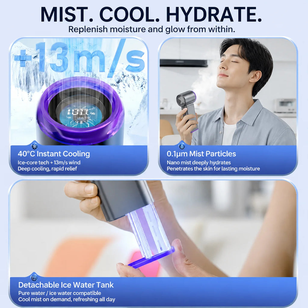 Portable Mist Cooling Fan Humidifier Ice Water Instant Cooler 199-Speed Turbo Handheld Fan Rechargeable Mini Air Conditioner Fan