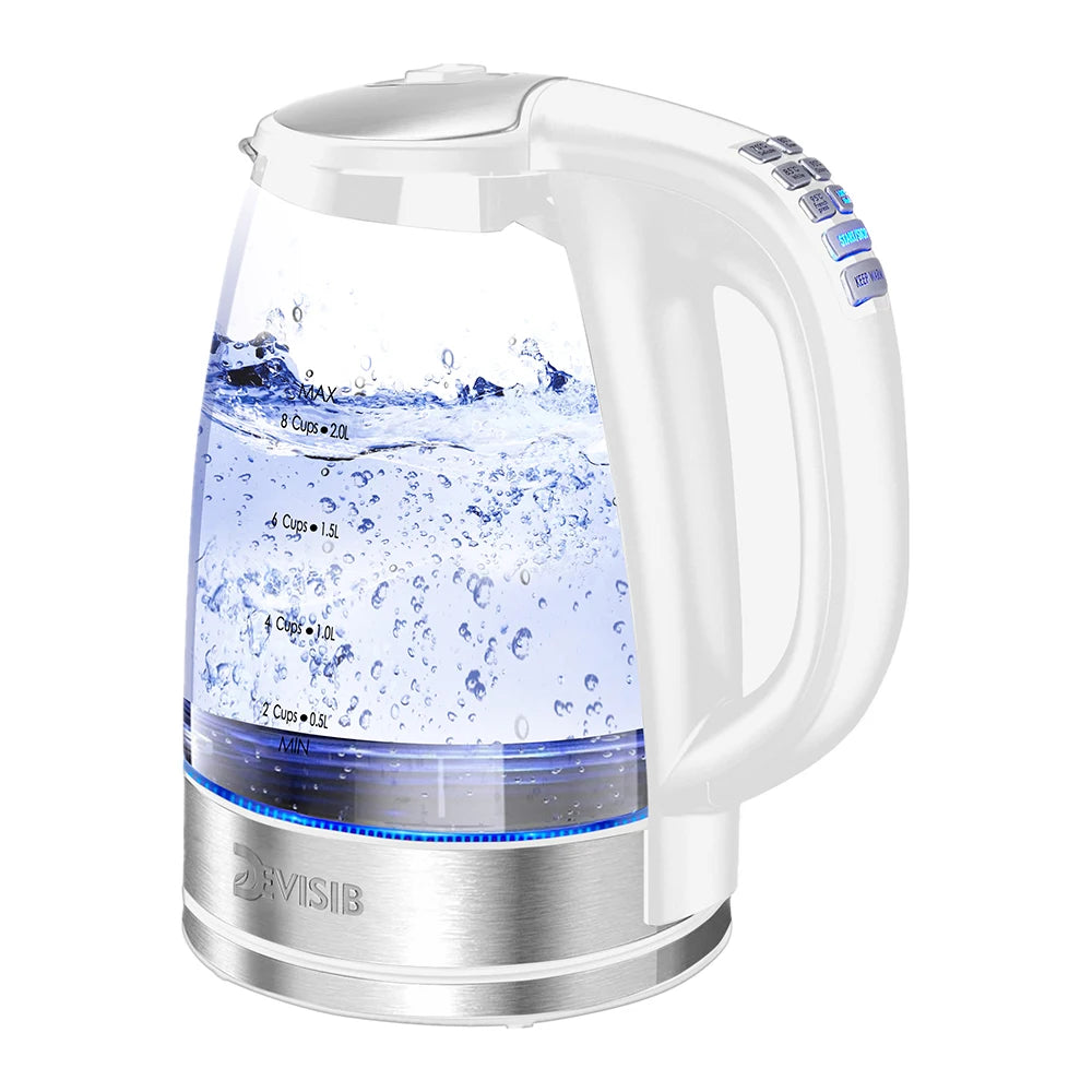 DEVISIB Electric Glass Kettle, 2200W Fast Boiling, Temperature Control, 4-Hour Keep Warm, 2.0L Tea Kettle & Hot Water Boiler