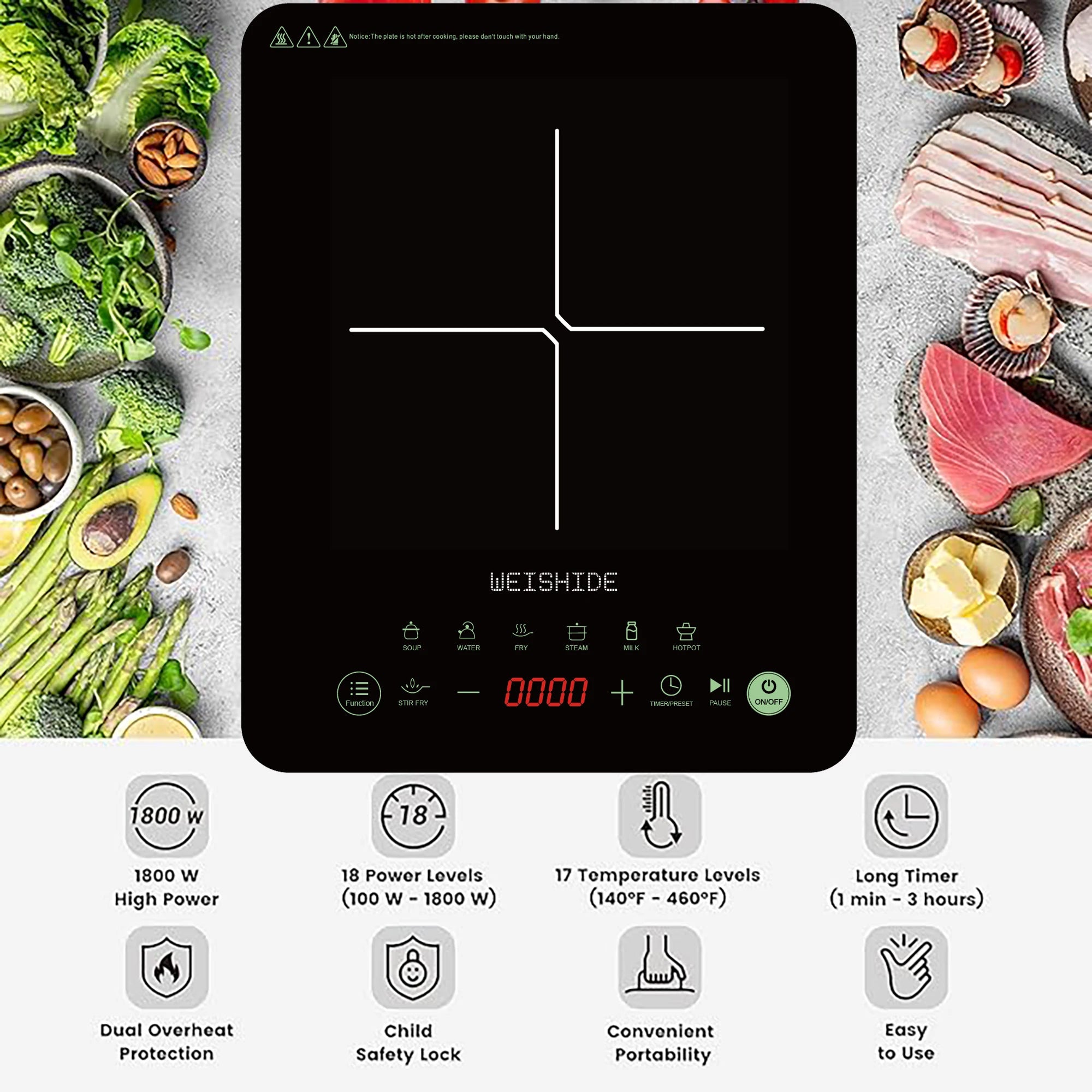 Multifunction Induction Cooker Ceramic 1200W-1800W Portable Electric Cooktop Preset Temperature Stir-Fry Timer Preset Child Lock