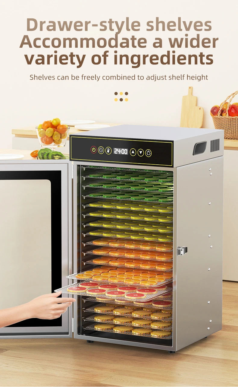 DIVEDEER 6-18 Layer Stainless Steel Food Dehydrator with Adjustable Temperature Control (30~90°C) for Fruits Vegetables Meat