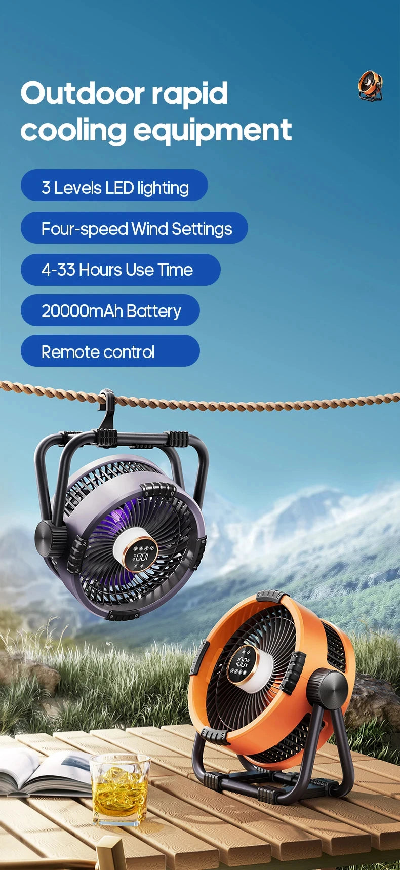 MUXNW Outdoor Camping Fan 20000mAh Portable Rechargeable Wireless Tent Ceiling Fan with LED Light Comes with Storage Bag