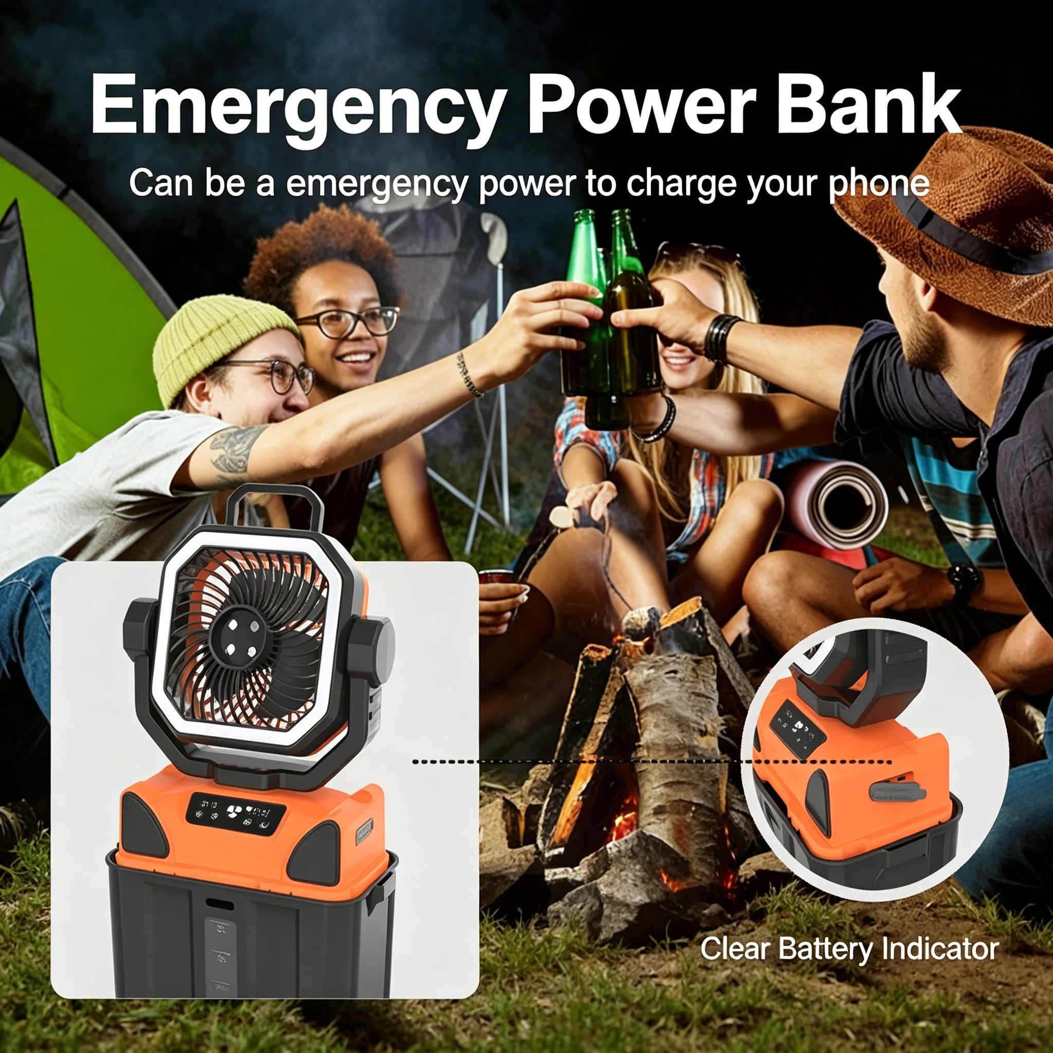 50000mAh Outdoor Camping Fan with Remote Contral 4Gears Wind Speed Up to 100 Hours Runtime Handle Portable Cooling Electric Fan