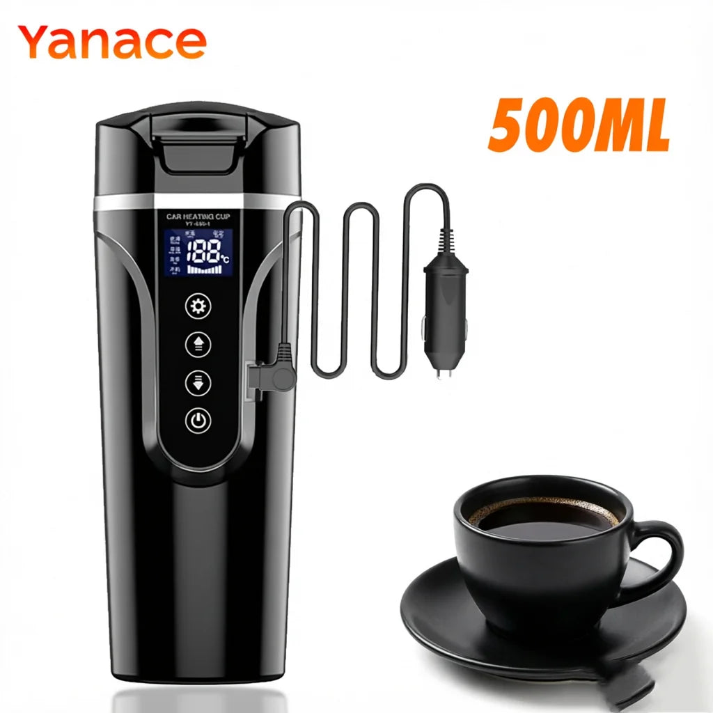 Yanace 500ML Portable Car Electric Kettle Smart Temperature Control Travel Heating Cup for Coffee Milk Tea 12V Auto Boiler