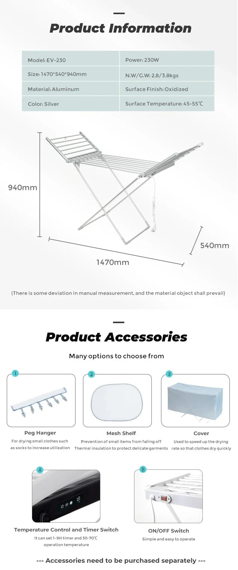 Electric Heated Clothes Drying Rack, 230W Foldable Airer with Constant Temperature for Home Use