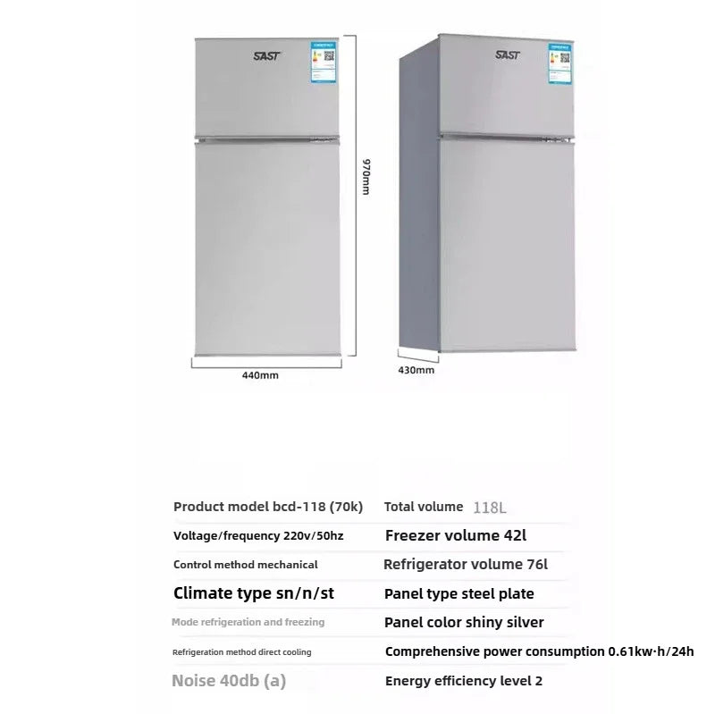 Energy Saving Refrigerator with Double Doors Small Refrigerator Home Dormitory Rental Room Freezer Refrigeration Mini Bar Fridge