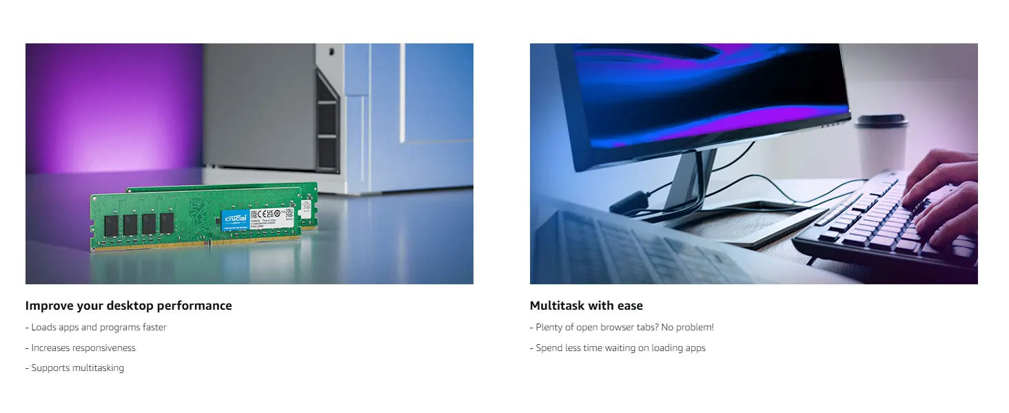 Crucial Memory Desktop RAM DDR4 16GB 4GB 8GB 3200MHz 2133 2400 2666MHz DIMM 288Pin PC4-21300 25600 19200 17000 Non-ECC PC RAMs