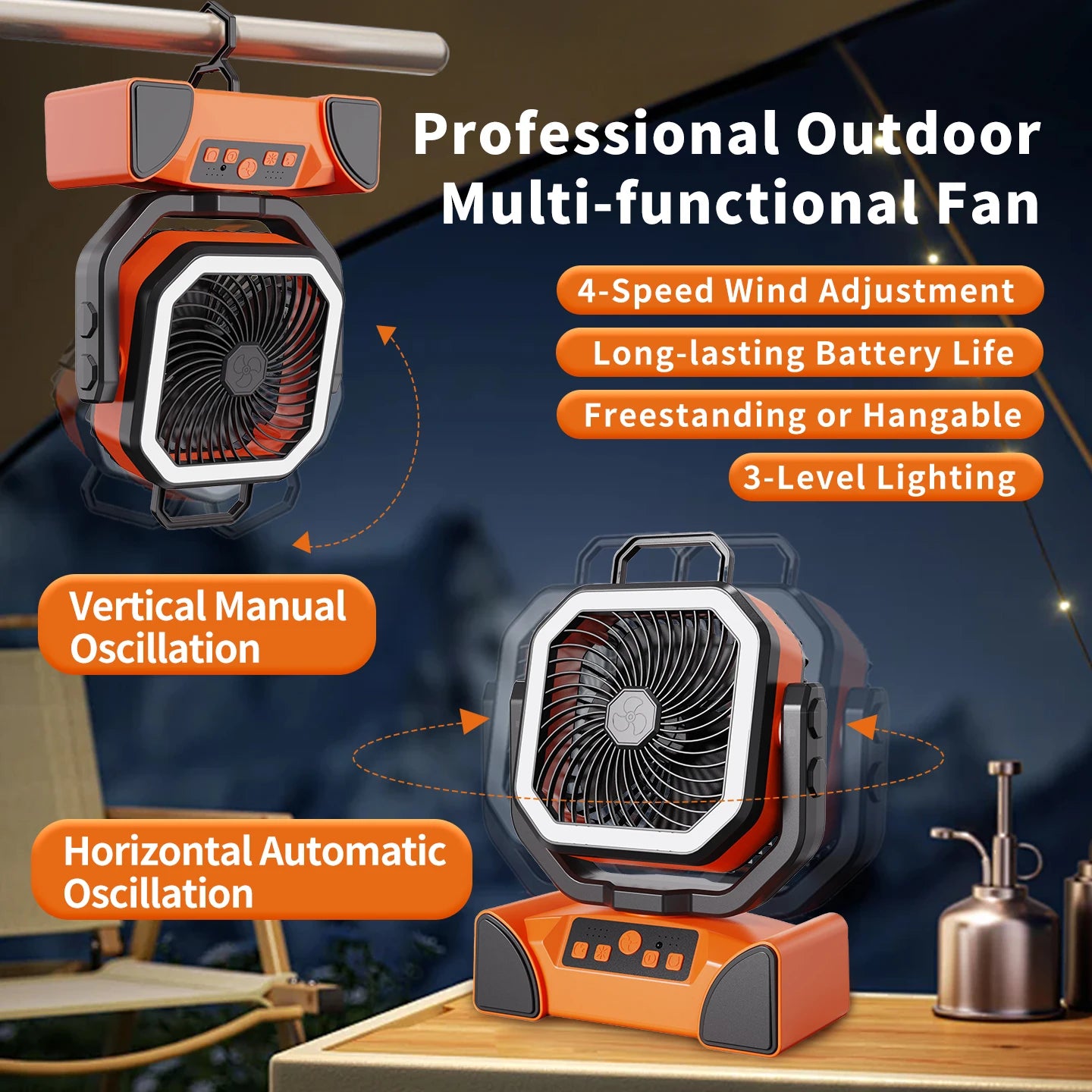 50000mAh Outdoor Camping Fan with Remote Contral 4Gears Wind Speed Up to 100 Hours Runtime Handle Portable Cooling Electric Fan