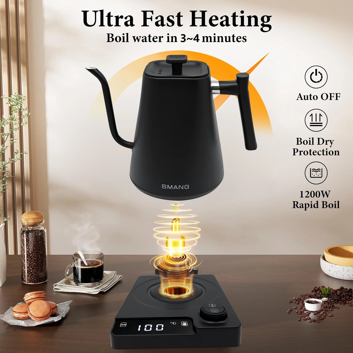 SMANG 1200W Gooseneck Electric Kettle 1L Temperature Control Coffee Kettle Pour Over Coffee Kettle Rapid Heating Kettle
