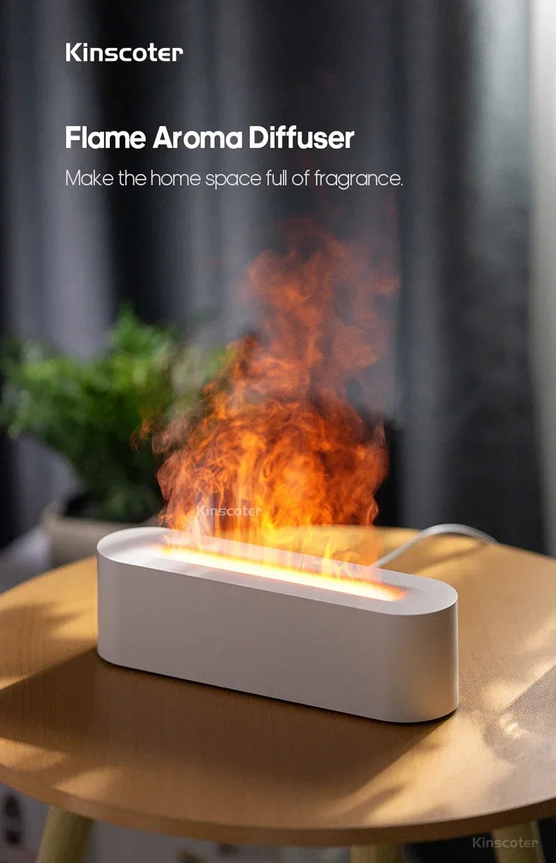 Essential Oil Aroma Diffuser, Flame Air Humidifier, Ultrasonic Fresh Mist, Diffuser with Realistic Fire RGB, Night Light