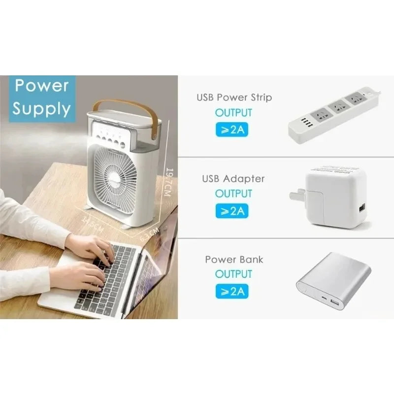 3-in-one Portable Air Conditioner Fan with LED Light Humidifier Timing Function Desktop Spray Fan for Home and Office Use
